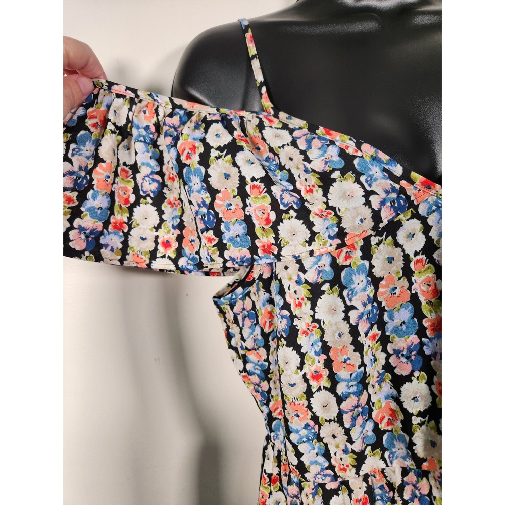 J.CREW MERCANTILE Floral Cold Shoulder Dress Women 12 Black Multi Ruffle Boho - Picture 9 of 12